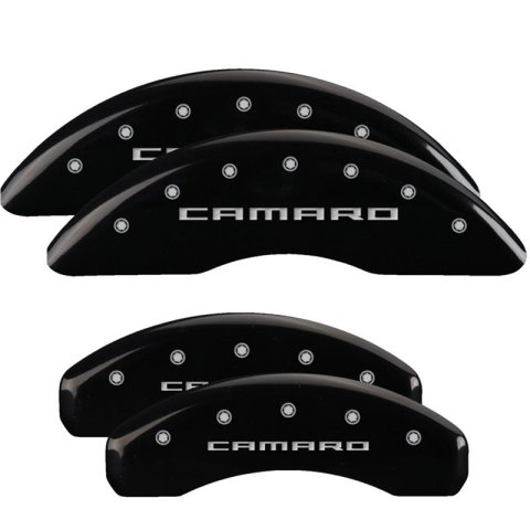 MGP Black Caliper Covers for 2016-2024 CAMARO - 14253SCA5BK Set of 4 caliper covers, Engraved Front and Rear: Gen 5/6 Camaro, powder coat finish, silver characters.