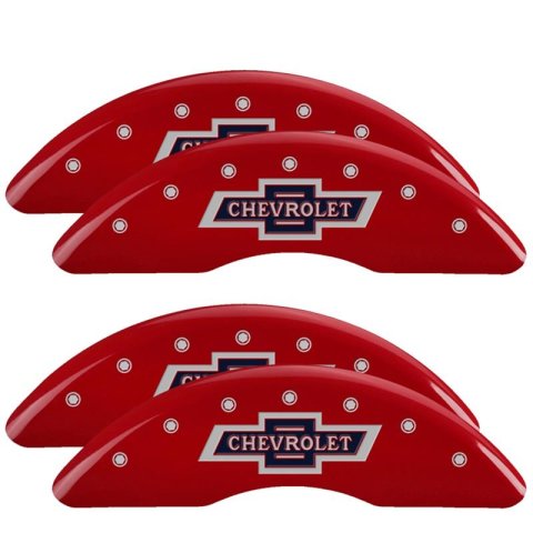 MGP Red Caliper Covers for 2020-2024 SILVERADO 2500 HD, 3500 HD - 14258SBANRD Set of 4 caliper covers, Engraved Front and Rear: 100 Anniversary logo, powder coat finish, silver characters