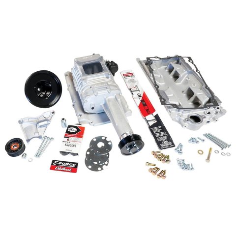 Edelbrock E-Force Supercharger Kits 1552 Supercharger, 122, Single Carb, Satin, Chevy, SBC, with E-Tec/Vortec Style Head, Kit