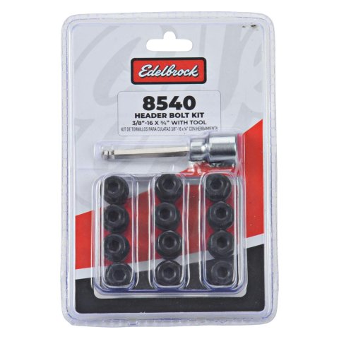 Edelbrock Header Bolt Kits 8540 Fasteners, Kits, Flanged, 3/8 in. - 16 Thread Size, Steel, Black Oxide, 0.750 in. Underhead Length, Set of 12