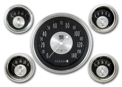Classic Instruments All-American Tradition Series Gauge Sets AT54SLC Gauges, Tradition, Speedometer, Water Temperature, Fuel Level, Black Face, Analog, Set of 5