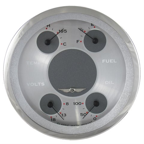 Classic Instruments All-American Series Gauge Sets AW75SRC Kit, Analog, Silver Face, Polished, 5 in. Diameter, Quad Gauge, Fuel, Oil, Volt, Water, Cluster, Kit