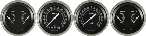 Classic Instruments Traditional Series Gauge Sets TR05SLC Gauges, Traditional, Speedometer, Tach, Water Temperature, Fuel Level, 3 3/8 in., Black Face, Analog, Set of 4