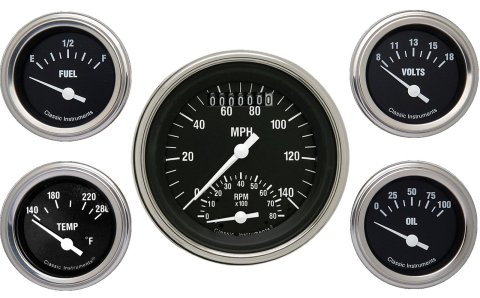 Classic Instruments Hot Rod Series Gauge Sets HR35SLF Gauges, Series, Speedometer, Tach, Water Temperature, Fuel Level, Black Face, Analog, Set of 5