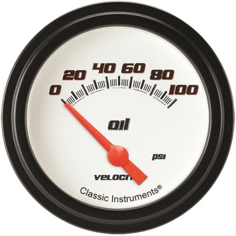 Classic Instruments Velocity Series Gauges VS281WBLF Gauge, White Series, Oil Pressure, 0-100 PSI, 2 5/8 in., Low Step Bezel, Analog, Electrical, Each