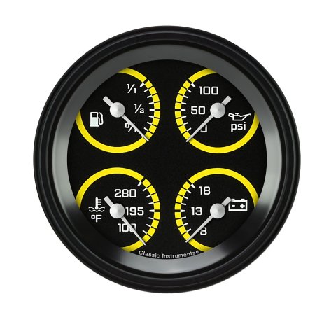 Classic Instruments Auto Cross Yellow Series Gauge Sets AX73YBLF Kits, Yellow, Quad, Analog, Fuel Level, Oil Pressure, Voltmeter, Water Temperature, 3 3/8 in., Black/Yellow Face, White Numbers, Each
