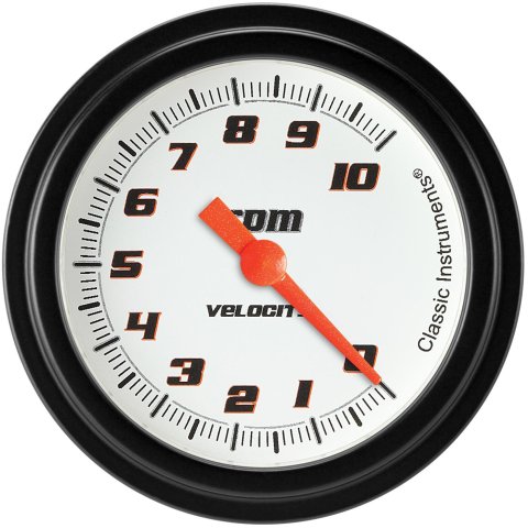Classic Instruments Velocity Series Tachometers VS383WBLF Gauges, Tachometers, 0-10,000 rpm, Analog, Electrical, 2 5/8 in., White Face, Black Numbers, Brushed Aluminum Color Bezel, Each