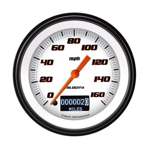 Classic Instruments Velocity Series Speedometers VS55DWBLF Gauges, Speedometers, 0-160 mph, 3 3/8 in. Diameter, White Face, Black Numbers, Black Bezel, Analog, Electrical, Each