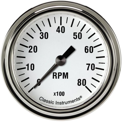 Classic Instruments White Hot Series Tachometers WH383SLF Gauges, Tachometers, 0-8,000 rpm, Analog, Electrical, 2 5/8 in. Diameter, Face, Black Numbers, Stainless Color Bezel, Each
