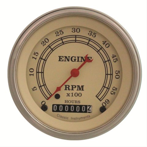 Classic Instruments Vintage Series Tachometers VT60HSLC Gauges, Tachometers, 0-6,000 rpm, Analog, Electronic, 3 3/8 in., Tan Face, Brown Numbers, Stainless Steel Color Bezel, Each