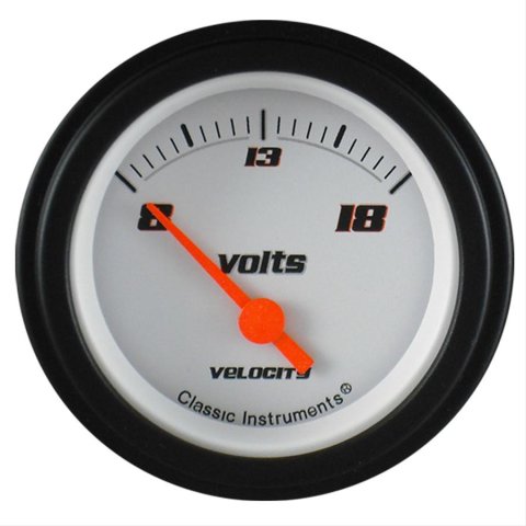 Classic Instruments Velocity Series Gauges VS30WBLF Gauge, Series, Voltmeter, 8-18 V, 2 1/8 in. Diameter, White Face, Analog, Electronic, Each
