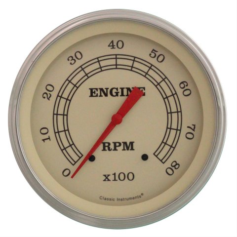 Classic Instruments Vintage Series Tachometers VT71SLF Tachometer, Vintage, Cream Face, Black Numbers, Red Pointer, 0-8,000 rpm, 5 in., Analog, Electrical, Each