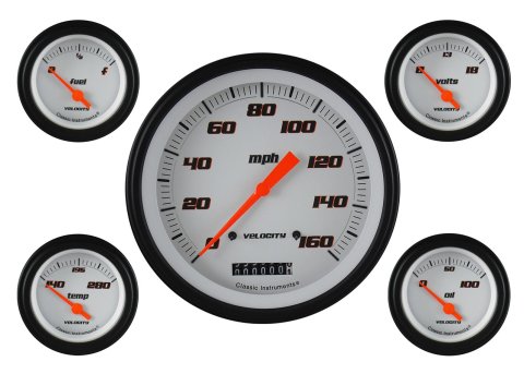 Classic Instruments Velocity Series Gauge Sets VS54WBLF Gauge, Velocity, Analog, Electrical, Speedometer, Fuel, Oil, Volt, Water, 5 in./2.125 in. Diameter, White Face