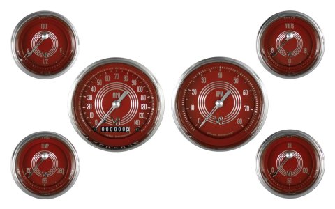 Classic Instruments V8 Red Steelie Series Gauge Sets V8RS51SLC Gauges, Series, Speedometer, Tach, Water Temperature, Fuel Level, Face, Analog, Set of 6