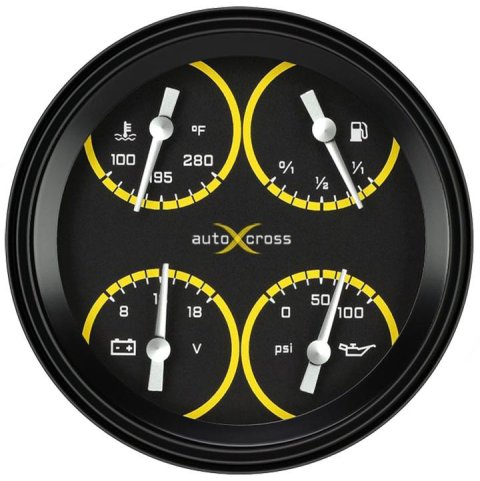 Classic Instruments Auto Cross Gray Series Gauges AX31YBLF Gauge Kits, Series, Analog, Fuel Level, Oil Pressure, Voltmeter, Water Temperature, 4 5/8 in., Black/Yellow Face, White Numbers, Each