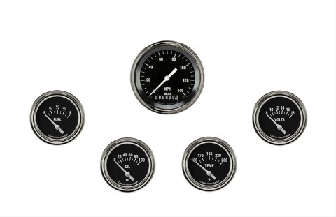 Classic Instruments Hot Rod Series Gauge Sets HR200SLF Gauges, Series, Speedometer, Water Temperature, Oil Pressure, Fuel Level, Volt, Black Face, Analog, Set of 5