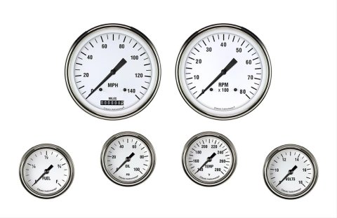 Classic Instruments White Hot Series Gauge Sets WH351SLF Gauges, Series, Speedometer, Tachometer, Water Temperature, Oil Pressure, Fuel Level, Volt, Face, Analog, Set of 6