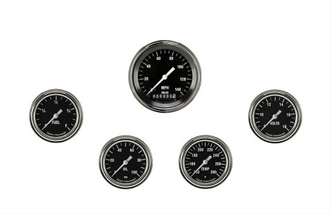Classic Instruments Hot Rod Series Gauge Sets HR300SLF Gauges, Series, Speedometer, Water Temperature, Oil Pressure, Fuel Level, Volt, Black Face, Analog, Set of 5