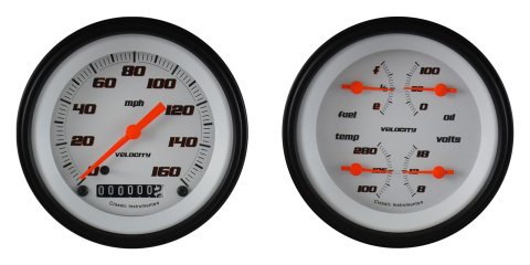 Classic Instruments Velocity Series Gauge Sets VS02WBLF Set, Series, Analog, Electronic, White Face, Orange Pointer, Black Bezel, Kit