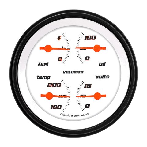 Classic Instruments Velocity Series Gauge Sets VS79WBLF Set, Traditional Series, Analog, Electronic, White Face, Black Pointer, Polished Bezel, Flat Lens, Kit