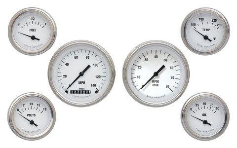 Classic Instruments White Hot Series Gauge Sets WH01SLC Gauges, Series, Speedometer, Tachometer, Oil Pressure, Voltmeter, Face, Analog, Set of 6
