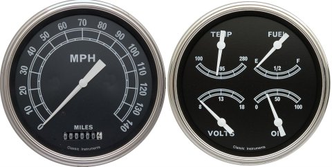 Classic Instruments Traditional Series Gauge Sets TR52SLF Gauges, Traditional, Speedometer, Water Temperature, Fuel Level, Voltmeter, 5 in., Black Face, Analog, Set