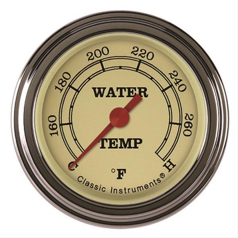 Classic Instruments Vintage Series Gauges VT126SLF-12 Gauge, Analog, Series, Water Temp, 140-280 Degrees F, 2 1/8 in. Diameter, Tan Face, Full Sweep, Each