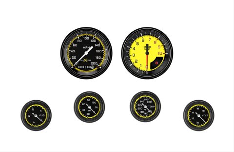 Classic Instruments Auto Cross Yellow Series Gauge Sets AX101YBLF Set, Performance AutoCross, AutoCross Yellow, 6-Gauge Set, 3 3/8 in. Speedo, 2 1/8 in. Secondary Gauges, Black/Yellow Face, Set