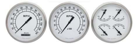 Classic Instruments White Series Gauge Sets CW53SLF Gauges, White, Speedometer, Tach, Water Temperature, Fuel Level, 5 in., Face, Analog, Set of 3