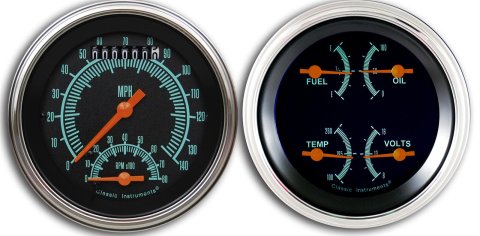 Classic Instruments G-Stock Series Gauge Sets GS32SLF Gauges, G-Stock, Speedometer, Tach, Water Temp., Fuel Level, 3 3/8 in., Black Face, Analog, Electronic, Set