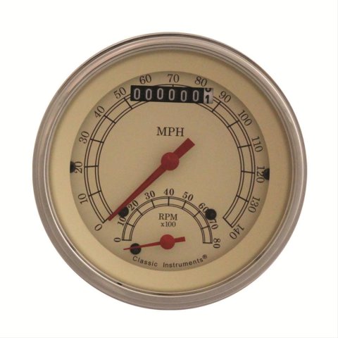 Classic Instruments Vintage Series Gauge Sets VT20SLF Gauge, Vintage, Speedometer, Tachometer, Analog, Electronic, 3 3/8 in. Diameter, Cream Face, Polished Bezel
