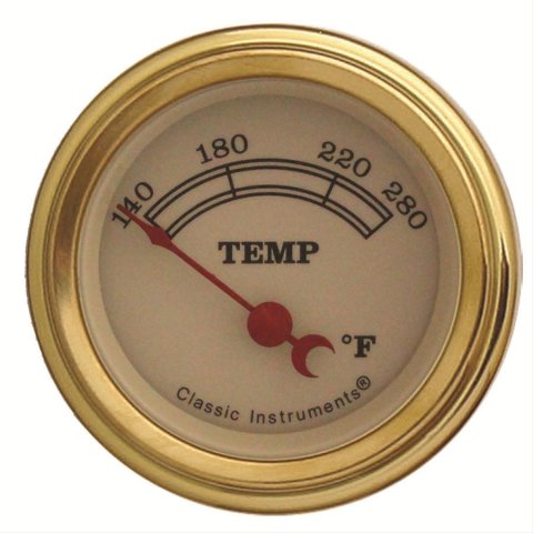 Classic Instruments Vintage Series Gauges VT26GLC Gauge, Series, Water Temperature, 140-280 degrees F, 2 1/8 in., Tan Face, Analog, Electrical, Each