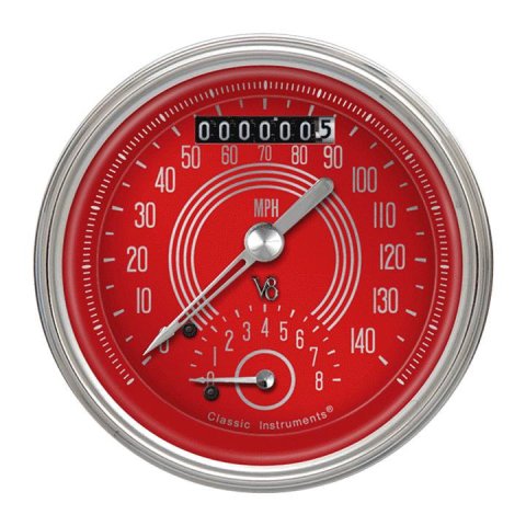 Classic Instruments V8 Red Steelie Series Gauge Sets V8RS20SHC Gauge, Series, Analog, Electrical, Speedometer, Tachometer, 3 3/8 in. Diameter, Face