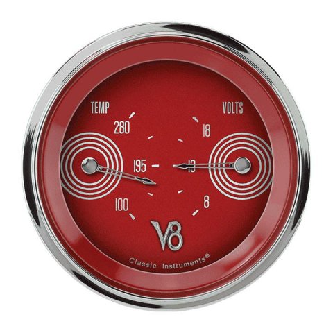 Classic Instruments V8 Red Steelie Series Gauge Sets V8RS74SHC Gauge, Series, Analog, Electrical, Volt, Water, 3 3/8 in. Diameter, Face, Each