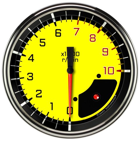 Classic Instruments Auto Cross Yellow Series Tachometers AX71YSLF Gauge, AutoCross Yellow, Tachometer, 0-10,000 rpm, 4 5/8 in., Black/Yellow Face, Stainless Low-Step Bezel, Flat Lens, Each