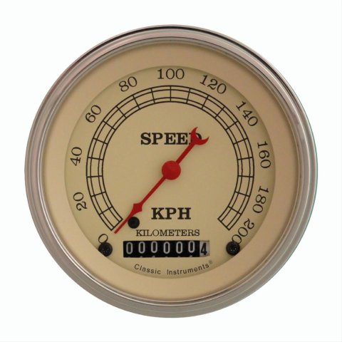 Classic Instruments Vintage Series Gauge Sets VT59SLF Speedometer, Series, 3 3/8 in. Diameter, 0-200 kph, Analog, Electrical, Flat Face, Each