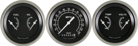 Classic Instruments Traditional Series Gauge Sets TR04SLC Gauges, Traditional, Speedometer, Water Temperature, Fuel Level, 3 3/8 in., Black Face, Analog, Set of 3