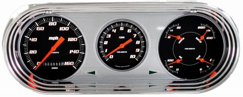 Classic Instruments 1963-65 Nova Package Gauge Sets NO63VSB Set, Velocity Series, Analog, Electronic, Black Face, Orange Pointer, Polished Panel, Chevy, Set