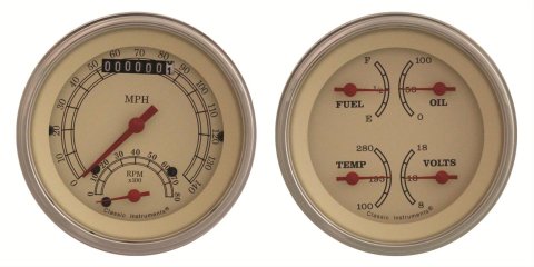 Classic Instruments Vintage Series Gauge Sets VT32SLF Gauges, Series, Speedometer, Tach, Water Temperature, Voltmeter, Fuel Level, Cream Face, Analog, Pair