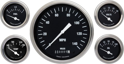 Classic Instruments Hot Rod Series Gauge Sets HR54SLC Set, Series, Analog, Electronic, Black Face, White Pointer, Polished Bezel, Flat Lens, Kit