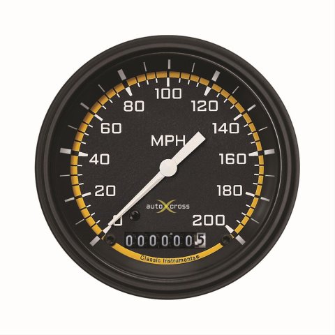 Classic Instruments Auto Cross Yellow Series Speedometers AX57YBLF Speedometer, Cross, 3 3/8 in. Diameter, 0-200 mph, Analog, Electrical, Black/Yellow Face, Flat Lens, Each