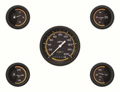 Classic Instruments Auto Cross Yellow Series Gauge Sets AX00YBLF Kit Analog, Black/Yellow Face, 3 3/8 in. Diameter Speedometer, 2 1/8 in. Fuel-Oil-Volt-Water, Set of 5
