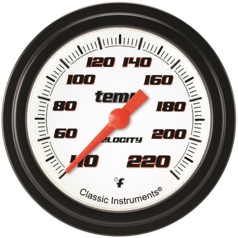 Classic Instruments Velocity Series Gauges VS329WBLF Gauge, Stock Eliminator, Water Temp, 2 5/8 in., White Face, Analog, Electrical, Each