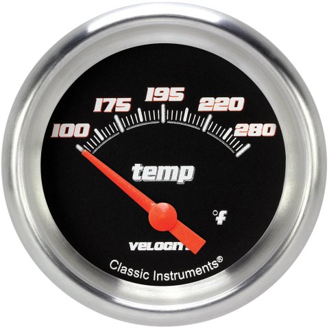 Classic Instruments Velocity Series Gauges VS226BAPF-04 Gauges, Series, Water Temperature, 140-280 degrees F, Analog, Electrical, 2 5/8 in., Black Face, White Numbers, 1/4 in. NPT Thread, Each