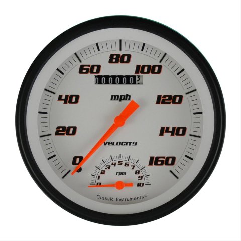 Classic Instruments Velocity Series Gauge Sets VS50WBLF Gauge, Velocity, Analog, Electrical, Speedometer, Tachometer, 5 in. Diameter, White Face, Each