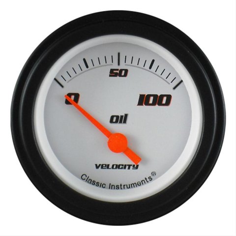 Classic Instruments Velocity Series Gauges VS81WBLF Gauge, Series, Analog, Oil Pressure, 0-100 psi, 2 1/8 in. Diameter, White Face, Electrical, Each