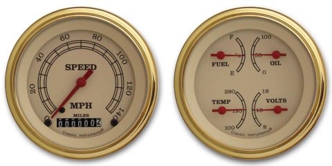 Classic Instruments Vintage Series Gauge Sets VT02GLF Gauges, Vintage, Analog, Speedometer, Oil Pressure, Water Temperature, Fuel Level, Voltmeter, Cream Face, Kit