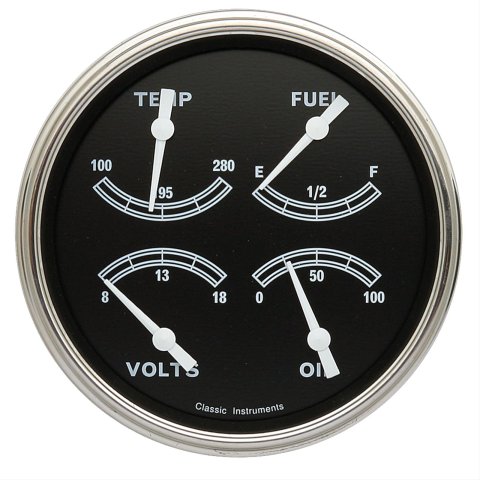 Classic Instruments Traditional Series Gauge Sets TR78SLF Gauge, Series, Quad, Water Temperature, Fuel Level, Voltmeter, 5 in., Black Face, Analog, Each