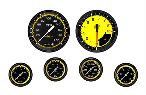 Classic Instruments Auto Cross Yellow Series Gauge Sets AX351YBLF Set, Performance AutoCross, AutoCross Yellow, 6-Gauge Set, 4 5/8 in. Speedo, 2 5/8 in. Secondary Gauges, Black/Yellow Face, Set