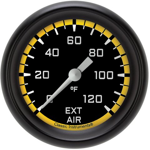 Classic Instruments Auto Cross Yellow Series Gauges AX399YBPF Gauges, Series, Air Temperature, 0-120 degrees F, Analog, Electrical, 2 5/8 in., Black Face, White Numbers, Matte Black Bezel, Each